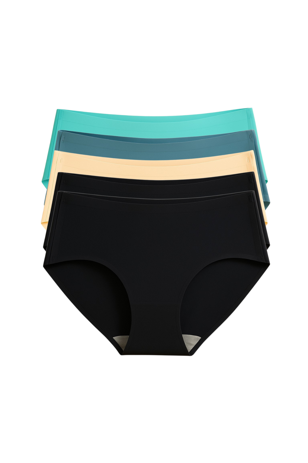 Set of women's underwear in black, teal, and beige on a white background