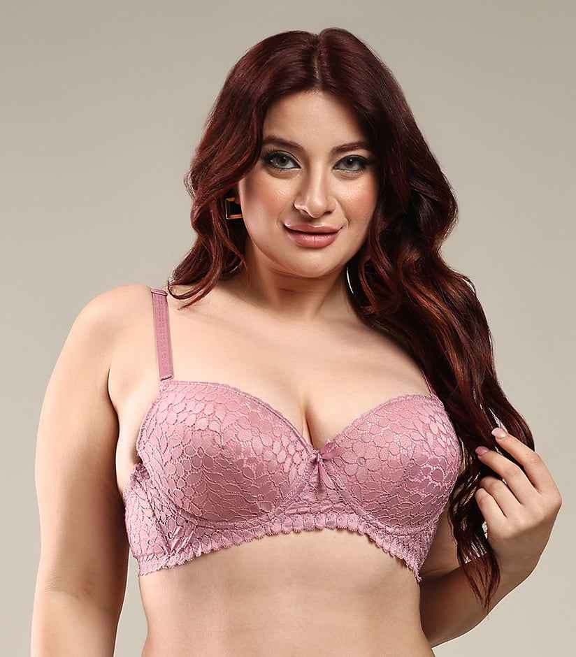 Women Purple Plus Size Floral Lace Padded Push-Up Bra With All Day Comfort