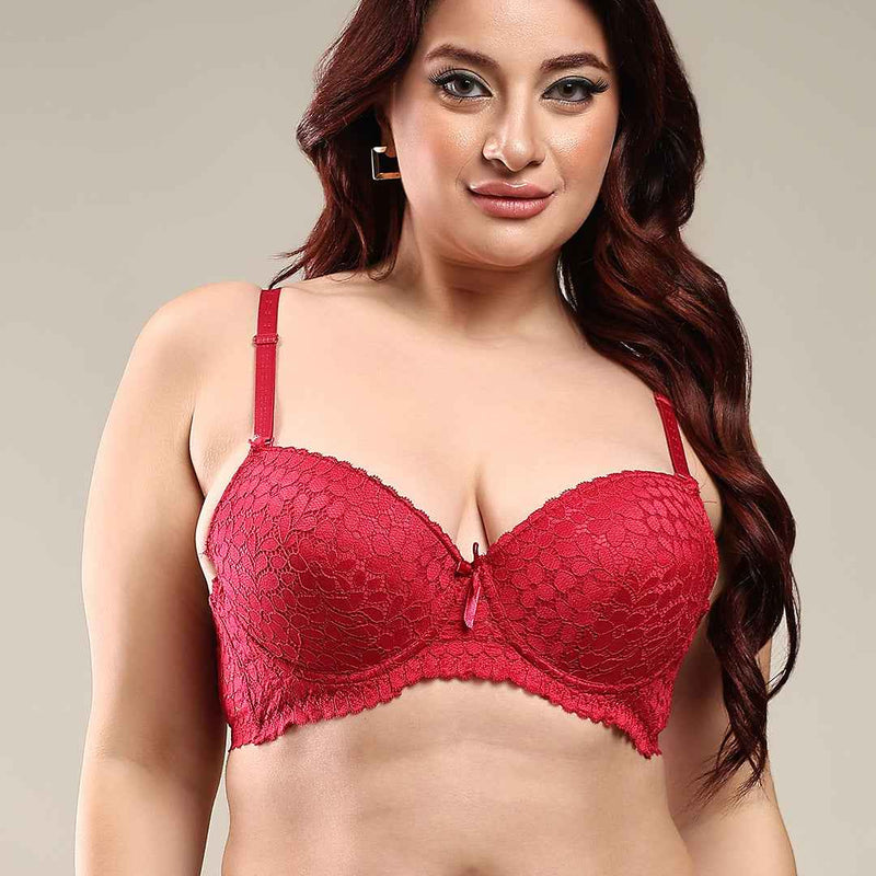Women Maroon Plus Size Floral Lace Padded Push-Up Bra With All Day Comfort