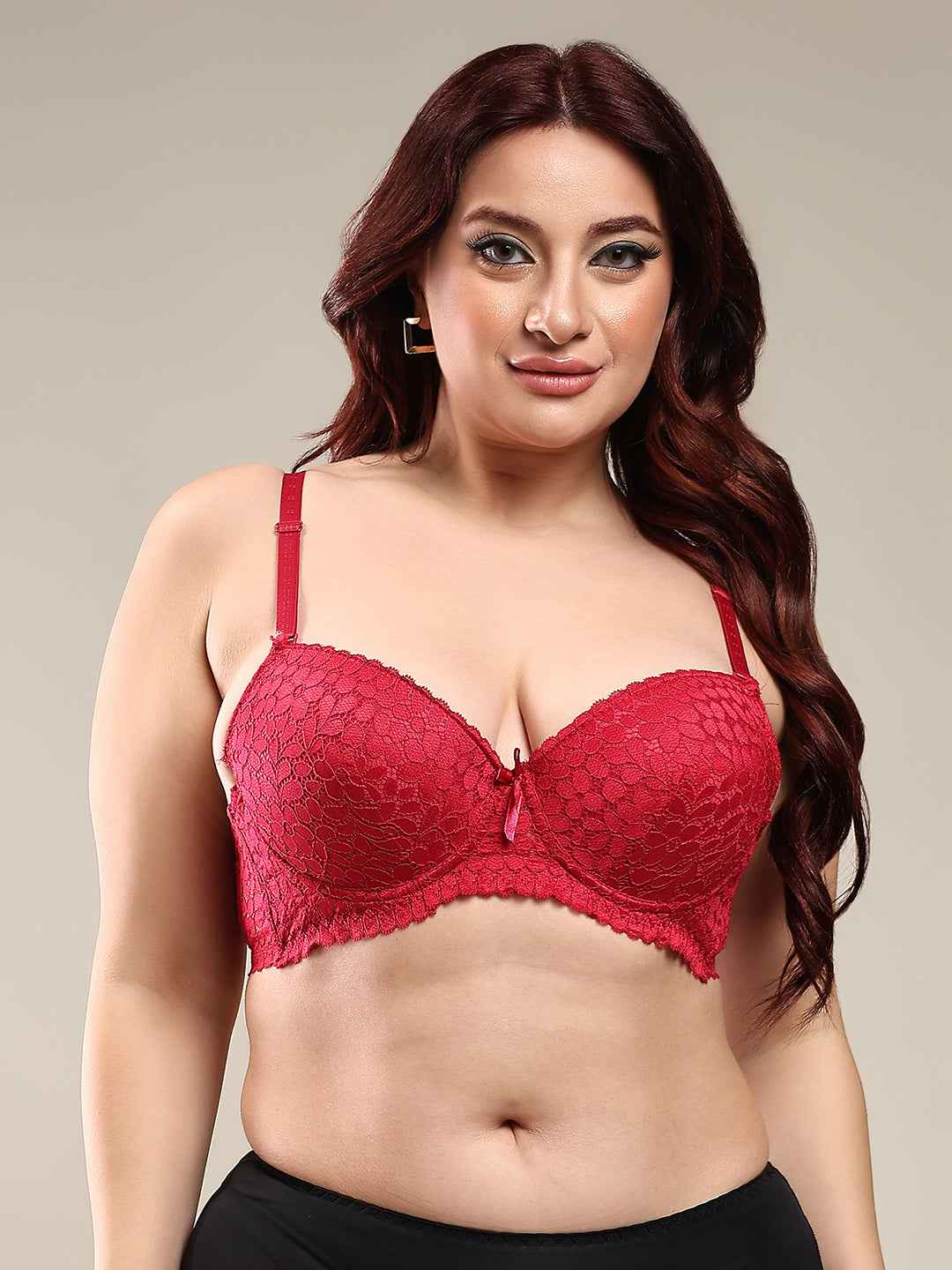 Women Maroon Plus Size Floral Lace Padded Push-Up Bra With All Day Comfort