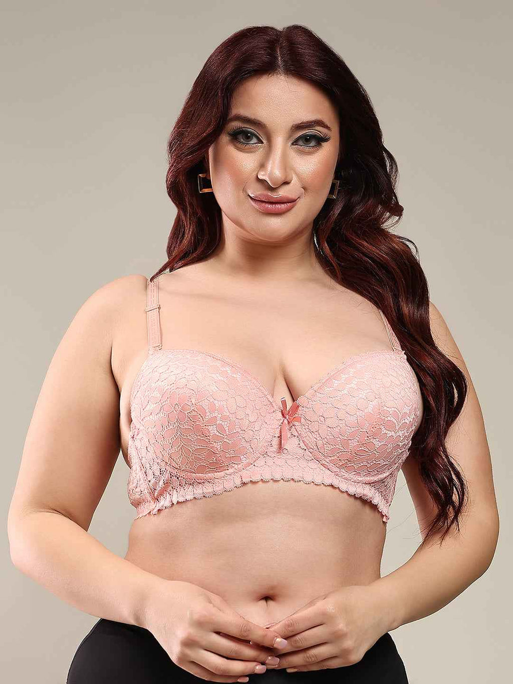 Women Peach Plus Size Floral Lace Padded Push-Up Bra With All Day Comfort