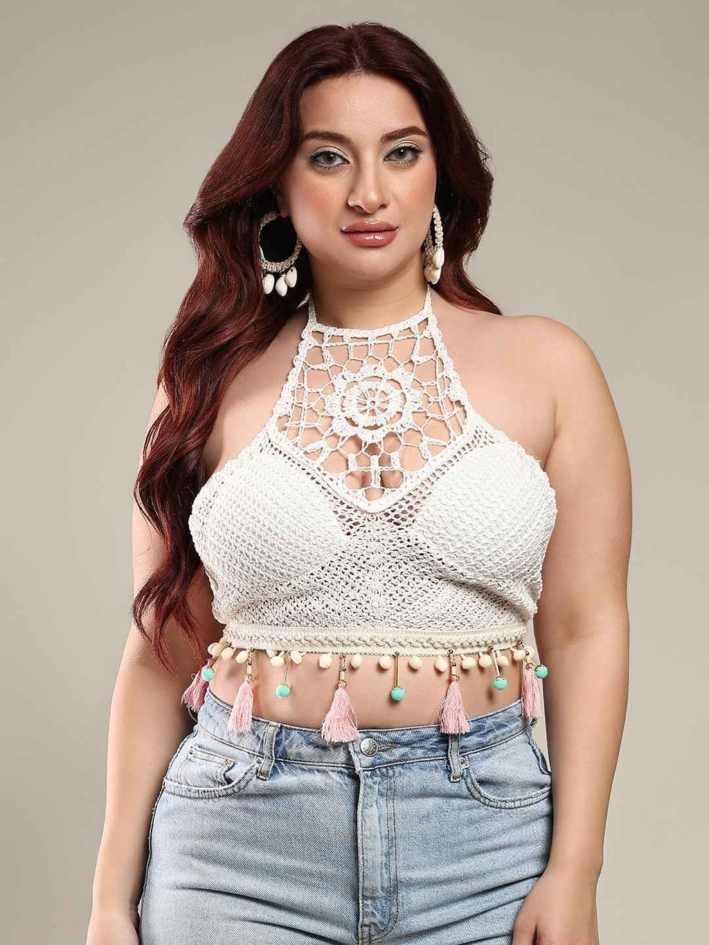 Brachy Women's Self Design Halter Neck Bralette Crochet Crop Top Bra White