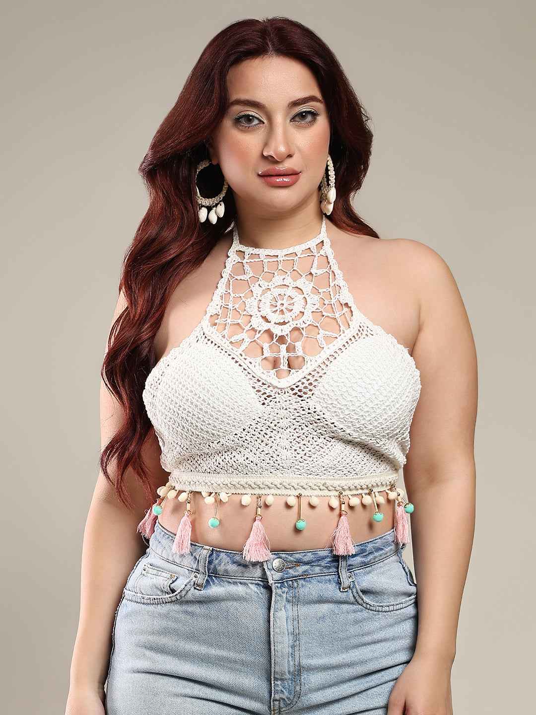 Brachy Women's Self Design Halter Neck Bralette Crochet Crop Top Bra White