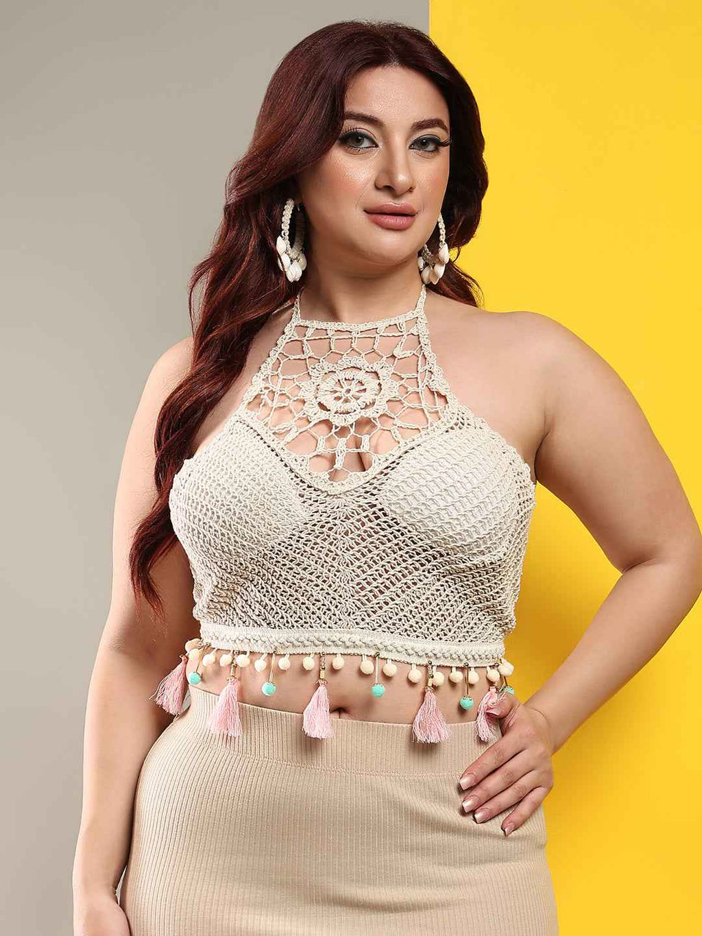 Brachy Women's Self Design Halter Neck Bralette Crochet Crop Top Bra Beige