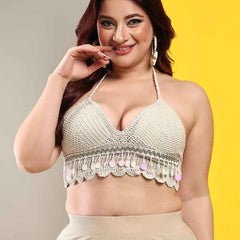 Women's Summer Beach Backless Beige Crochet Halter Bikini Crop Top Crochet V Neck Tassle Embroidery Knit Boho Beachwear
