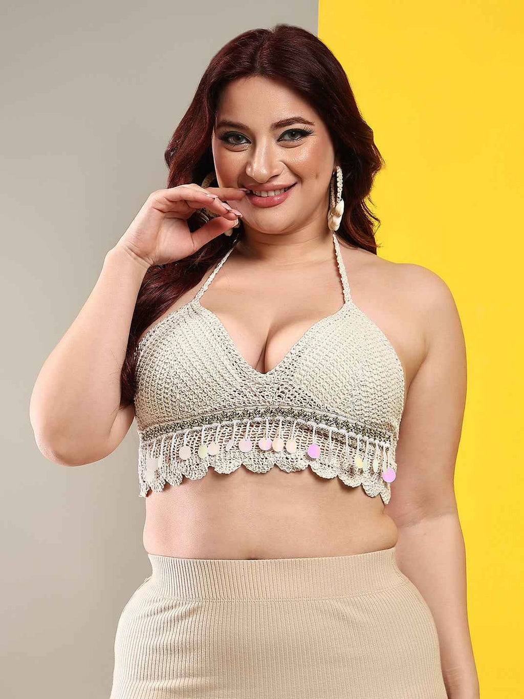 Women's Summer Beach Backless Beige Crochet Halter Bikini Crop Top Crochet V Neck Tassle Embroidery Knit Boho Beachwear