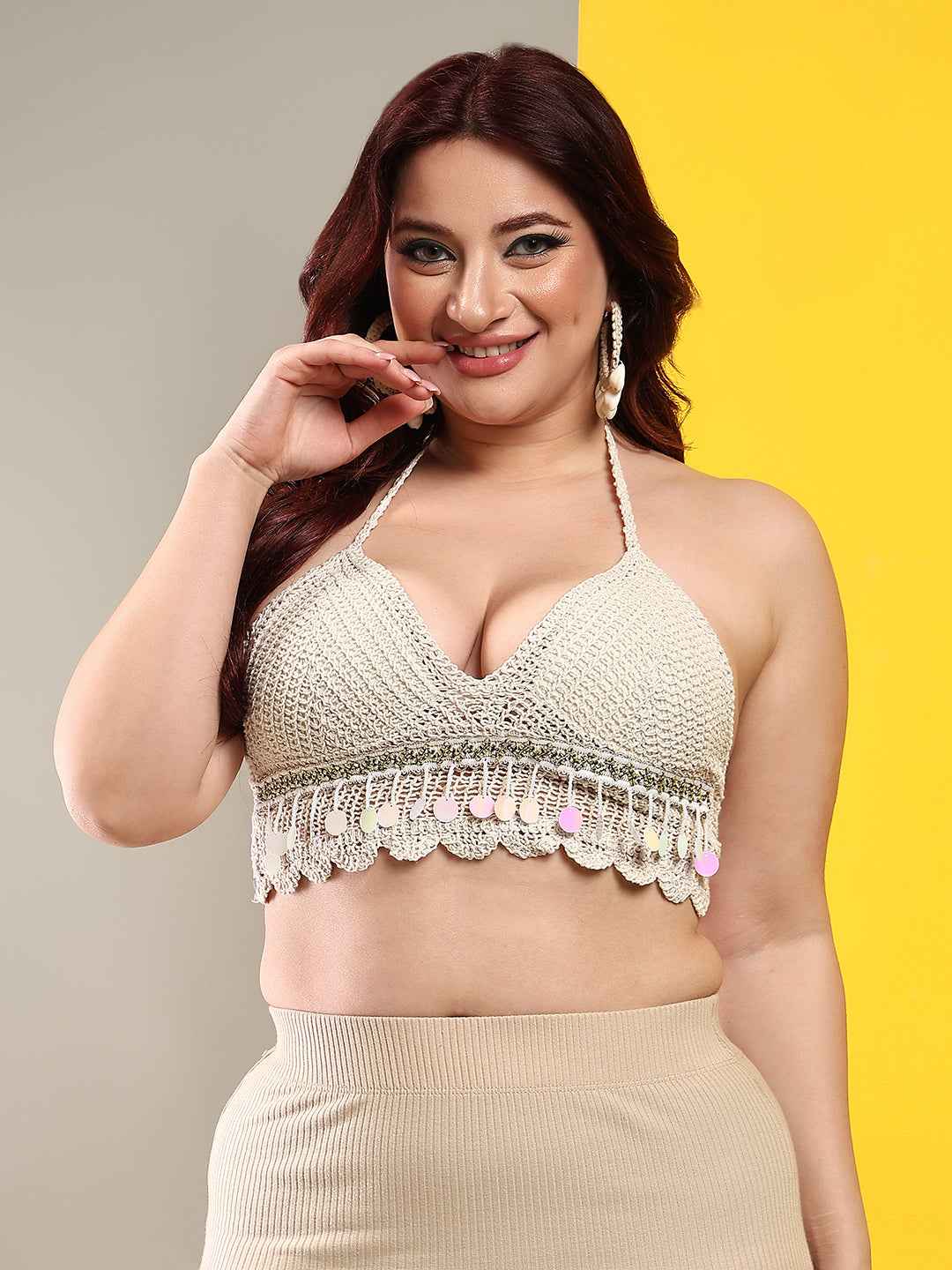 Women's Summer Beach Backless Beige Crochet Halter Bikini Crop Top Crochet V Neck Tassle Embroidery Knit Boho Beachwear
