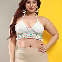 Women's Backless Crochet Floral White V Neck Sleeveless Crochet Crop Top Bra