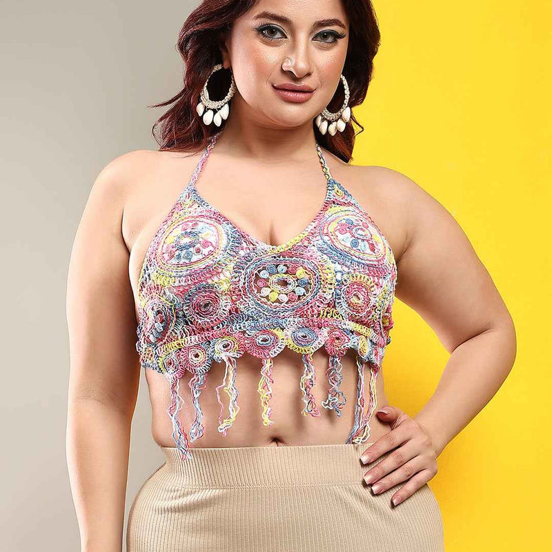 Women's Backless Crochet Floral Multicolour Halter Neck Sleeveless Crochet Crop Top Bra
