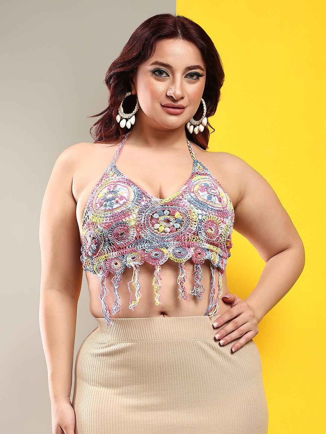 Women's Backless Crochet Floral Multicolour Halter Neck Sleeveless Crochet Crop Top Bra