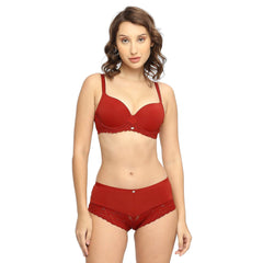SOIE Woman - Medium Coverage Padded Wired Lacy Bra with Mid Rise Medium Coverage Lace Shorty Cheeky Panty - -for Women