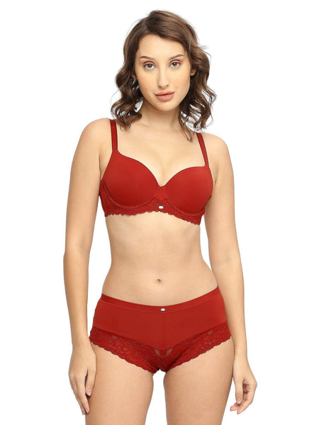 SOIE Woman - Medium Coverage Padded Wired Lacy Bra with Mid Rise Medium Coverage Lace Shorty Cheeky Panty - -for Women
