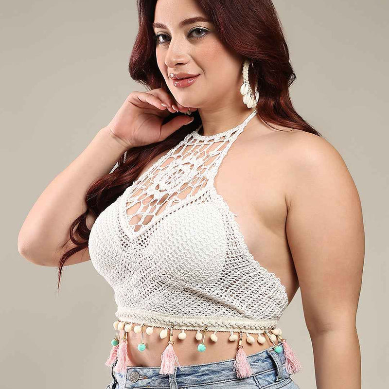 Brachy Women's Self Design Halter Neck Bralette Crochet Crop Top Bra White