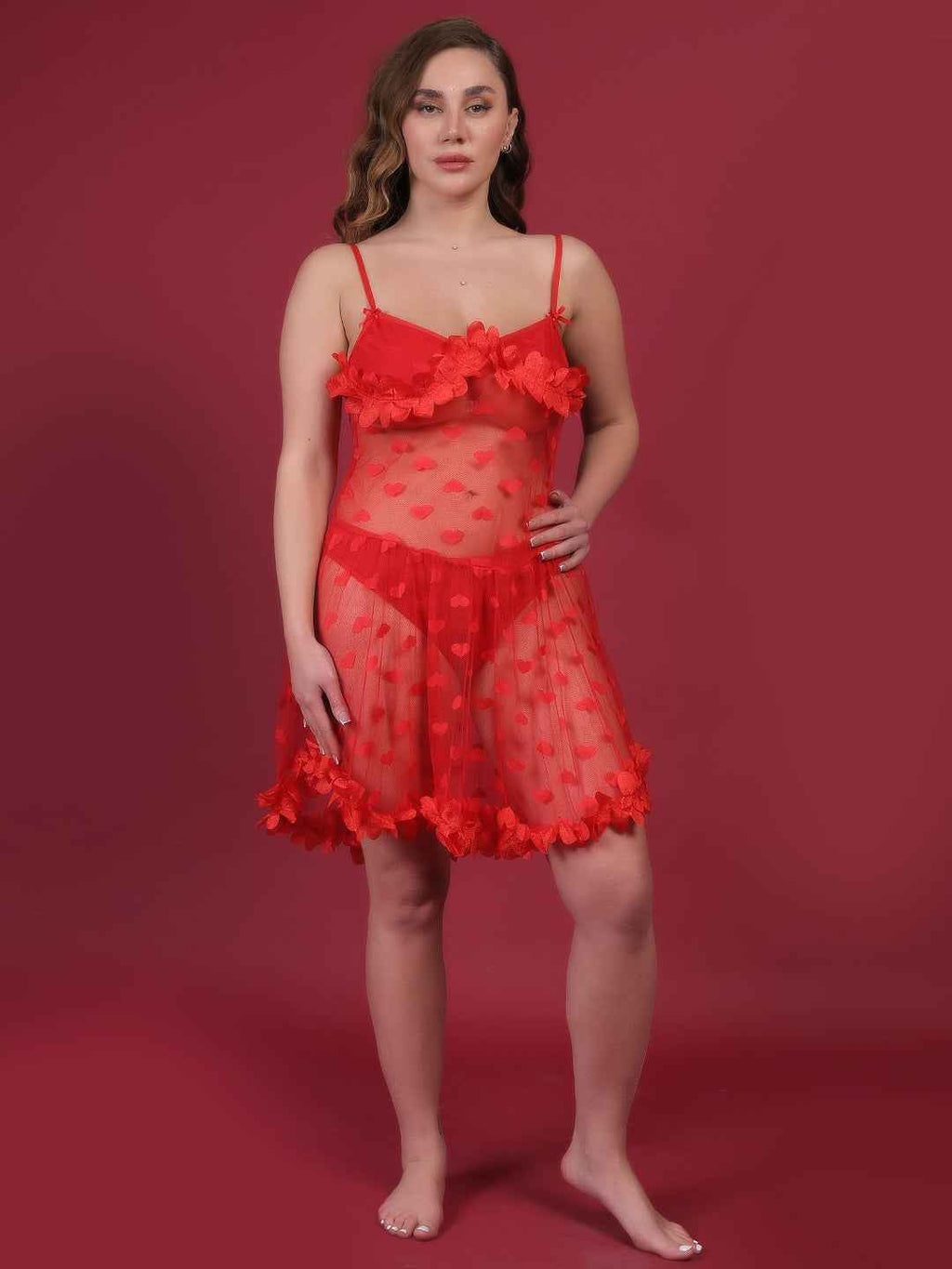 Brachy Women Red Plus Size Self Design Shoulder Straps Lace Baby Doll