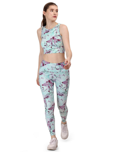 SOIE Woman - Quick-Dry Printed Sleeveless Crop Top & High-Waist Legging Set - Athleisure Set -for Women