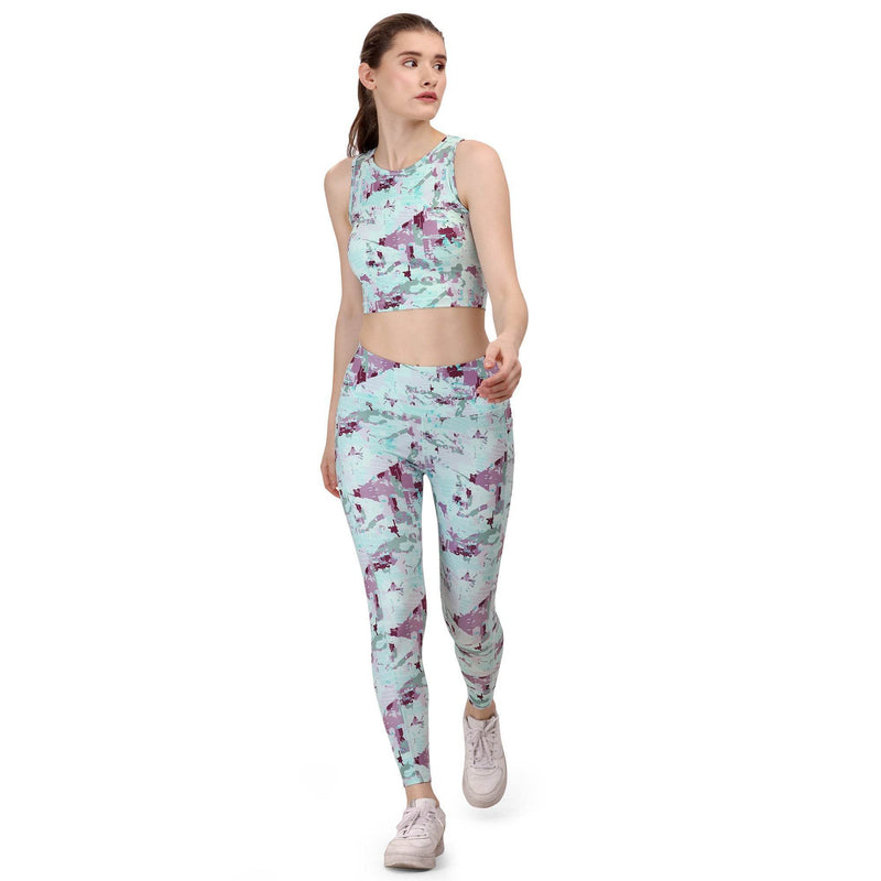 SOIE Woman - Quick-Dry Printed Sleeveless Crop Top & High-Waist Legging Set - Athleisure Set -for Women