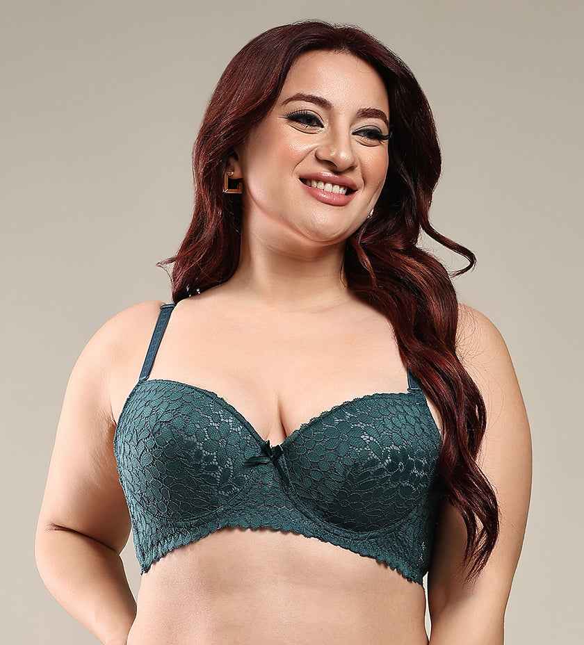 Women Bottal Green Plus Size Floral Lace Padded Push-Up Bra With All Day Comfort