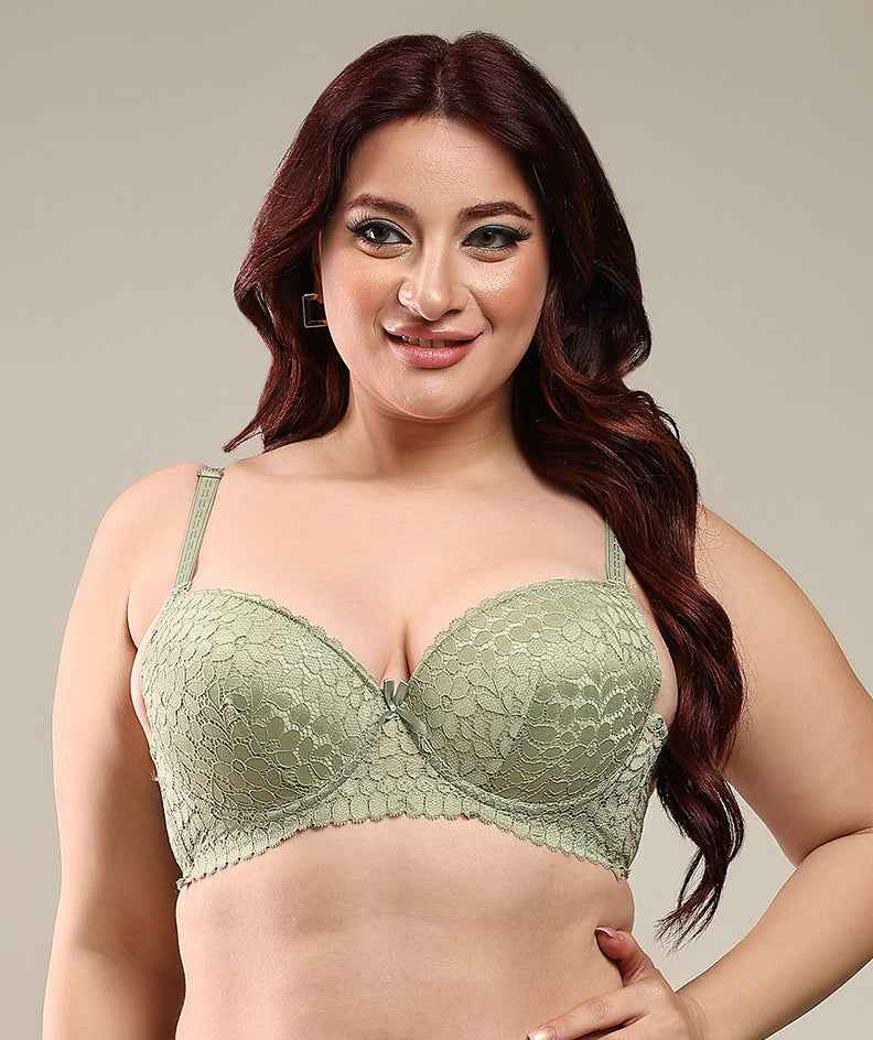 Women Light Green Plus Size Floral Lace Padded Push-Up Bra With All Day Comfort