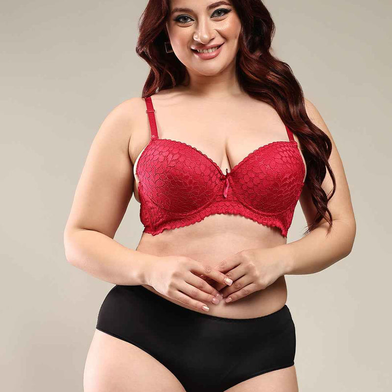 Women Maroon Plus Size Floral Lace Padded Push-Up Bra With All Day Comfort