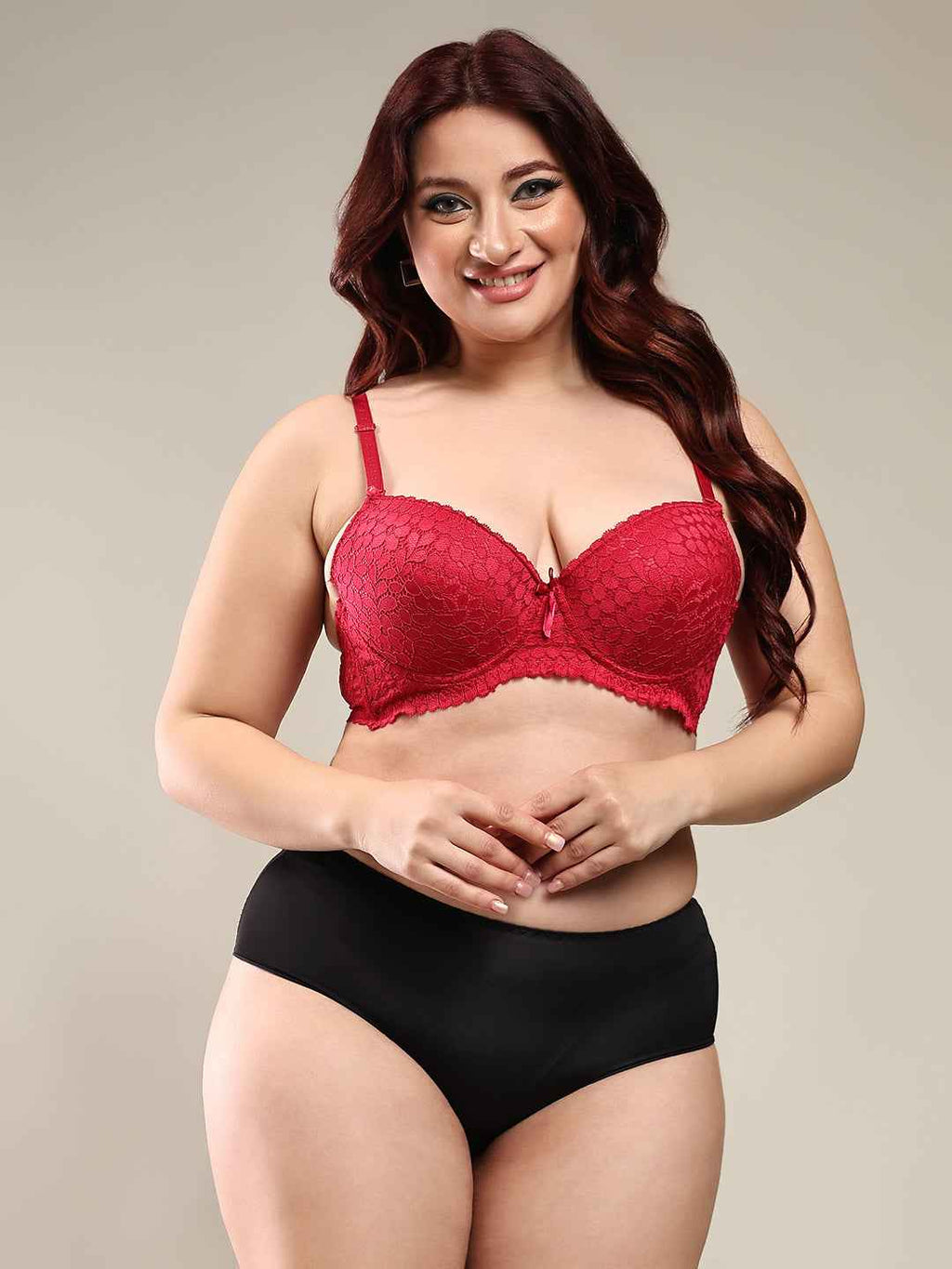Women Maroon Plus Size Floral Lace Padded Push-Up Bra With All Day Comfort