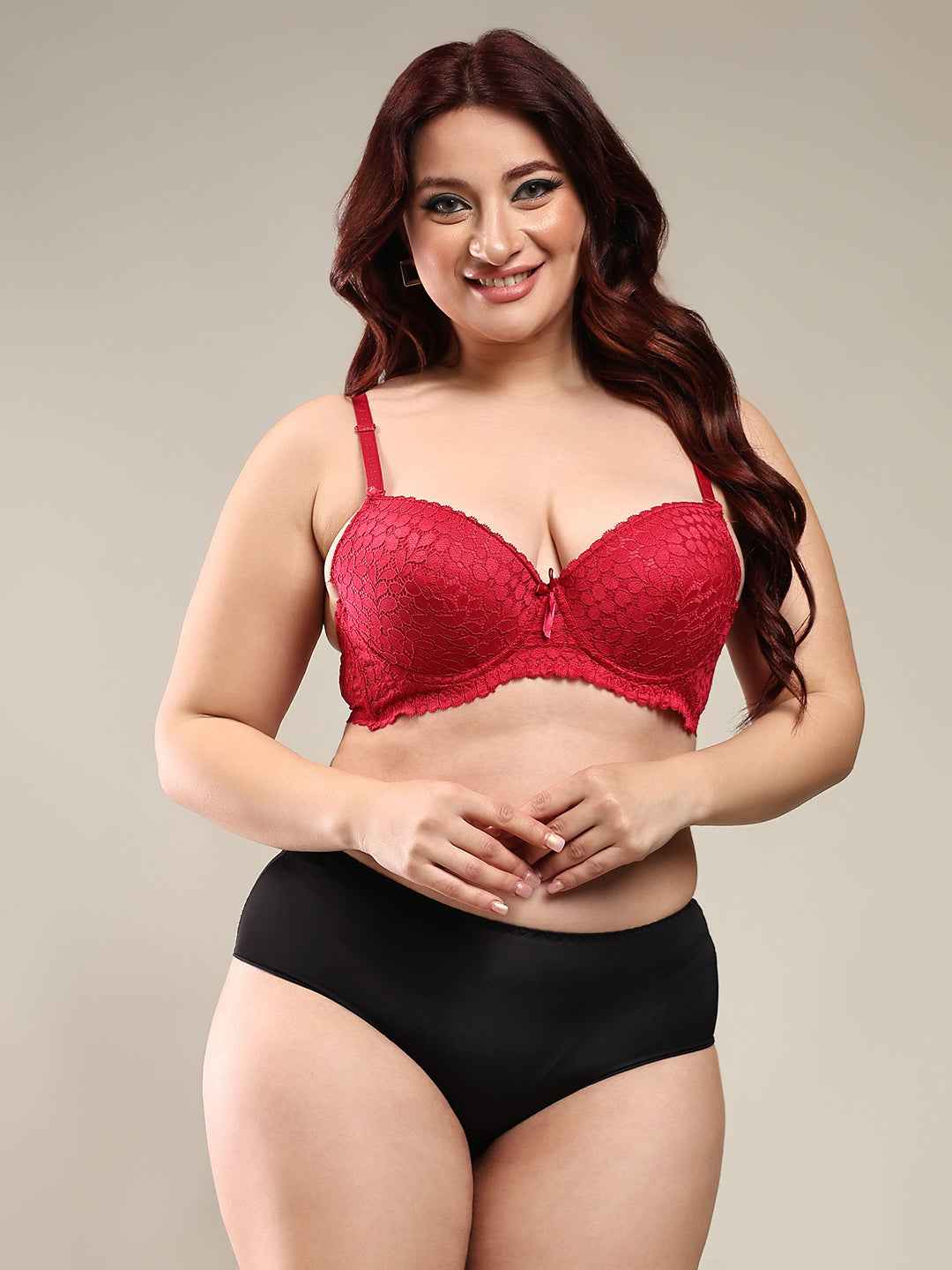 Women Maroon Plus Size Floral Lace Padded Push-Up Bra With All Day Comfort