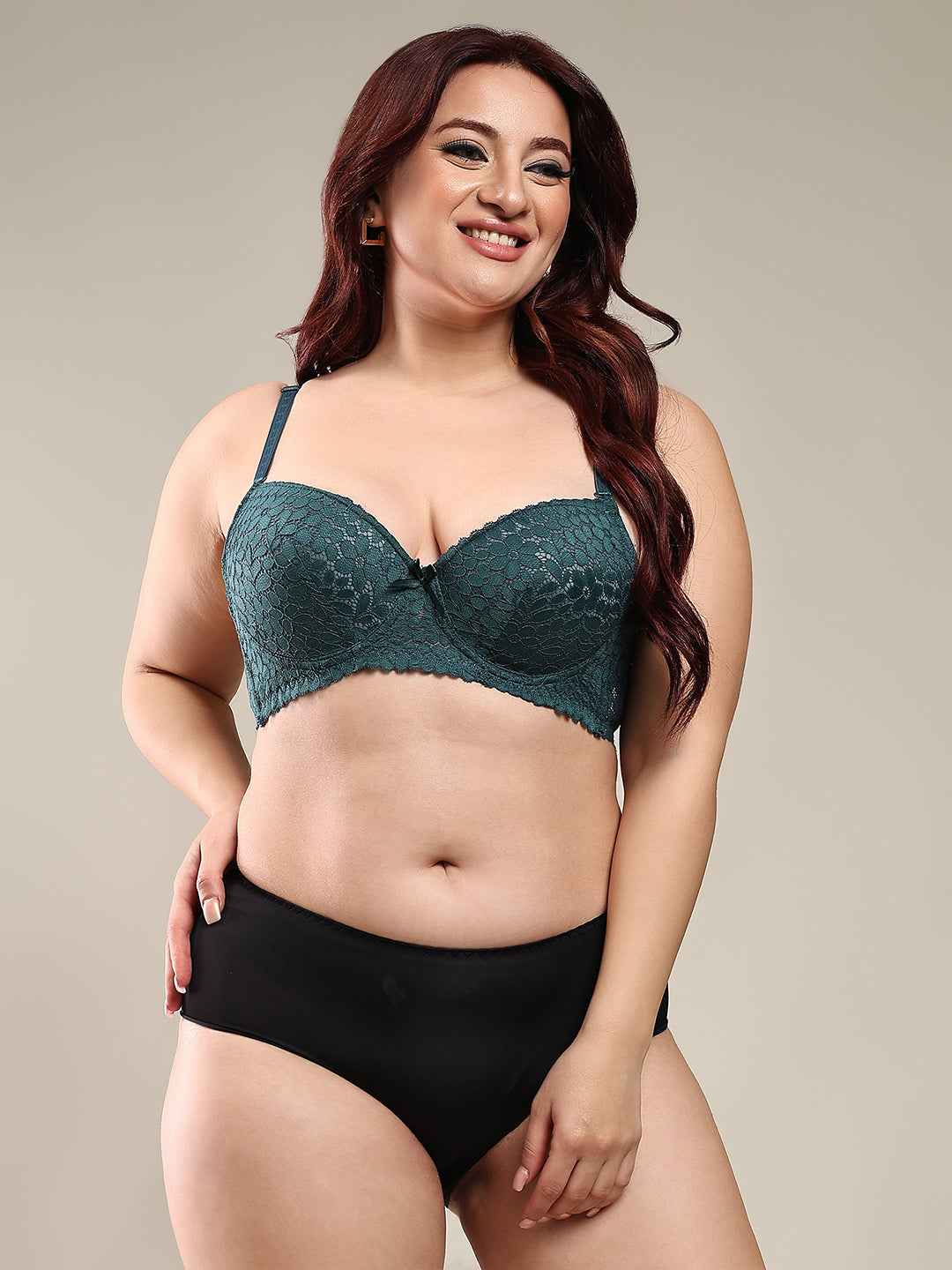 Women Bottal Green Plus Size Floral Lace Padded Push-Up Bra With All Day Comfort