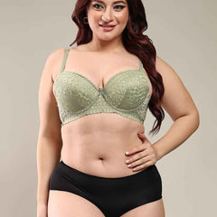 Women Light Green Plus Size Floral Lace Padded Push-Up Bra With All Day Comfort