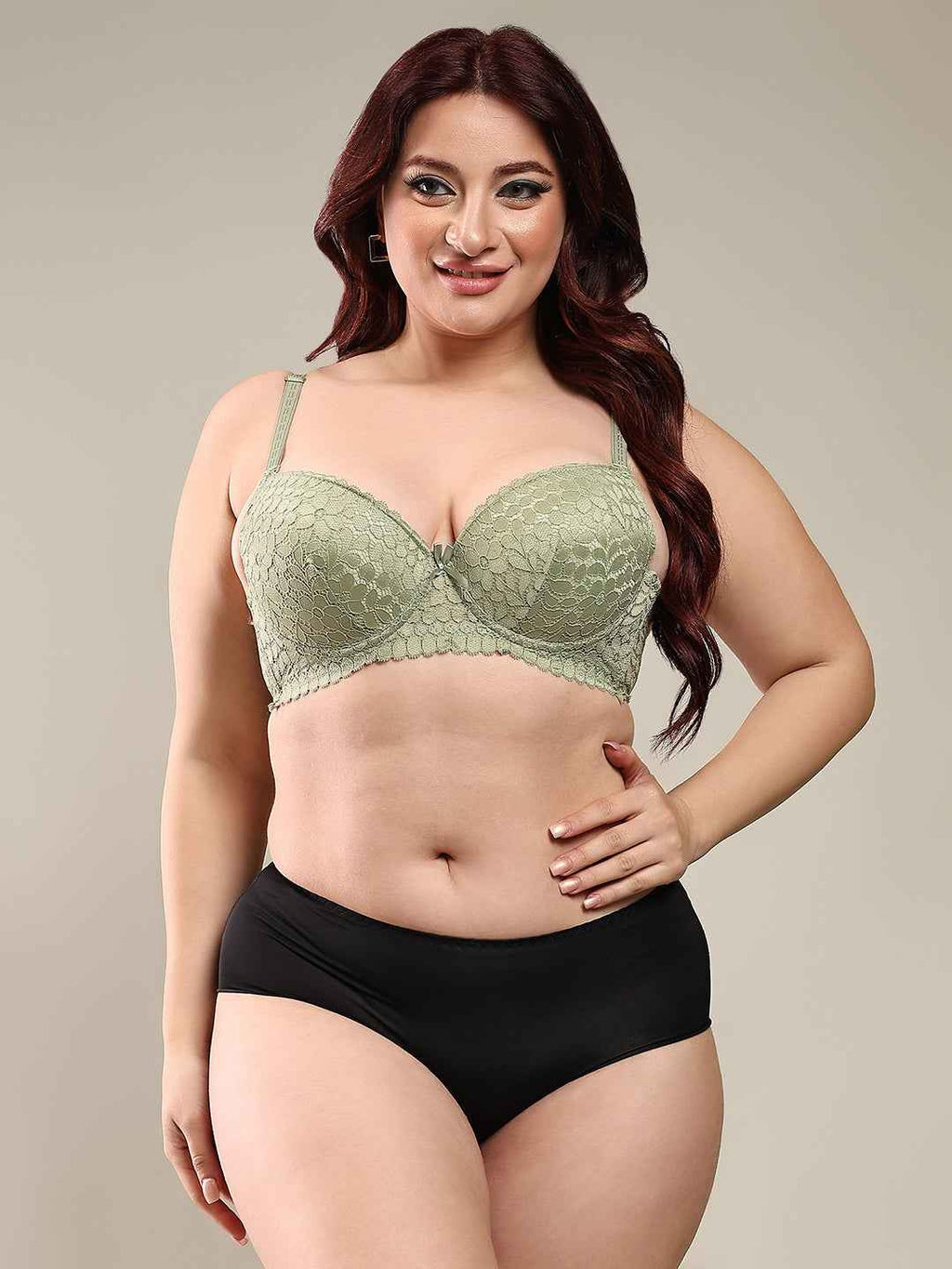Women Light Green Plus Size Floral Lace Padded Push-Up Bra With All Day Comfort