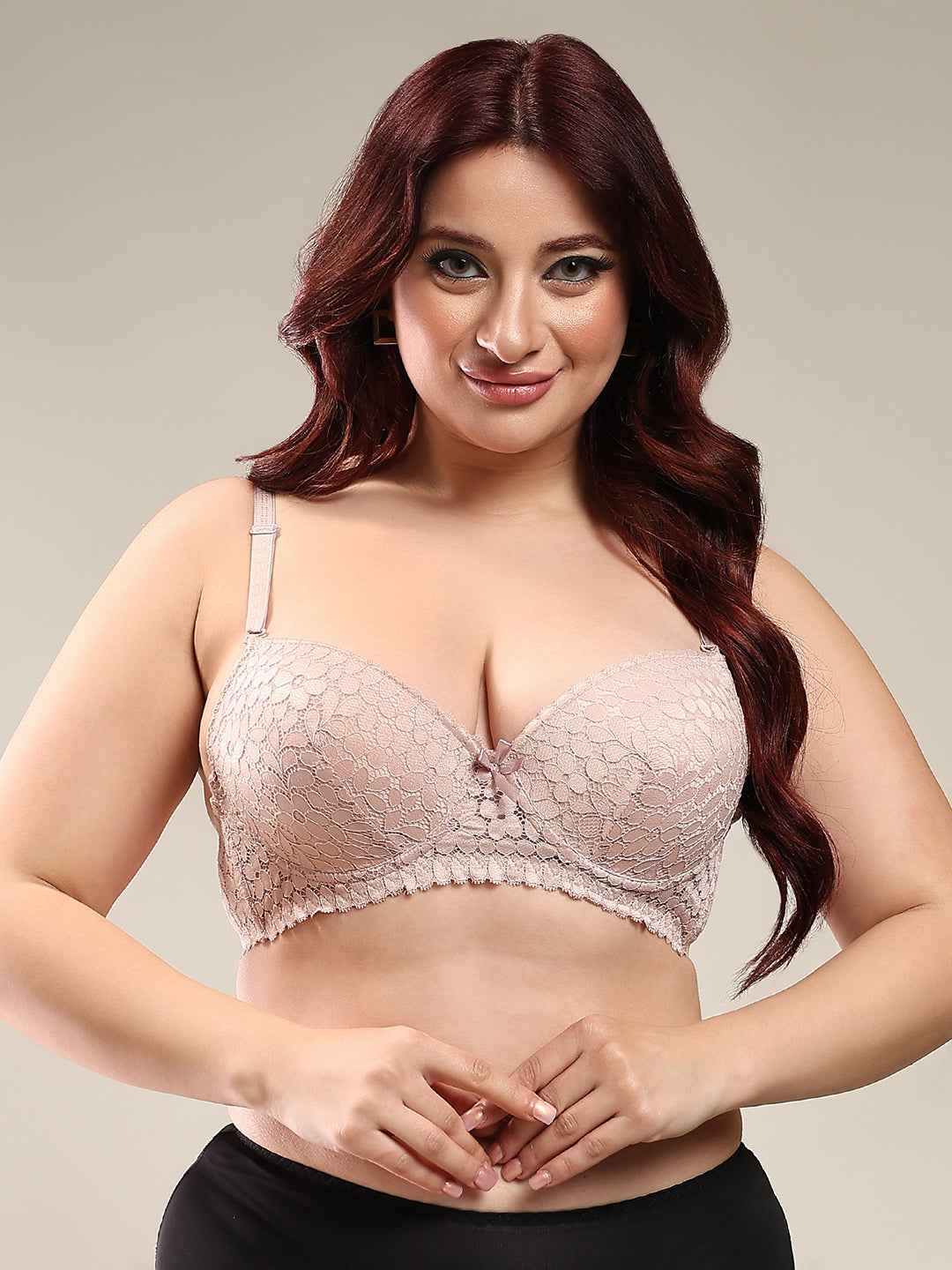Women Beige Plus Size Floral Lace Padded Push-Up Bra With All Day Comfort