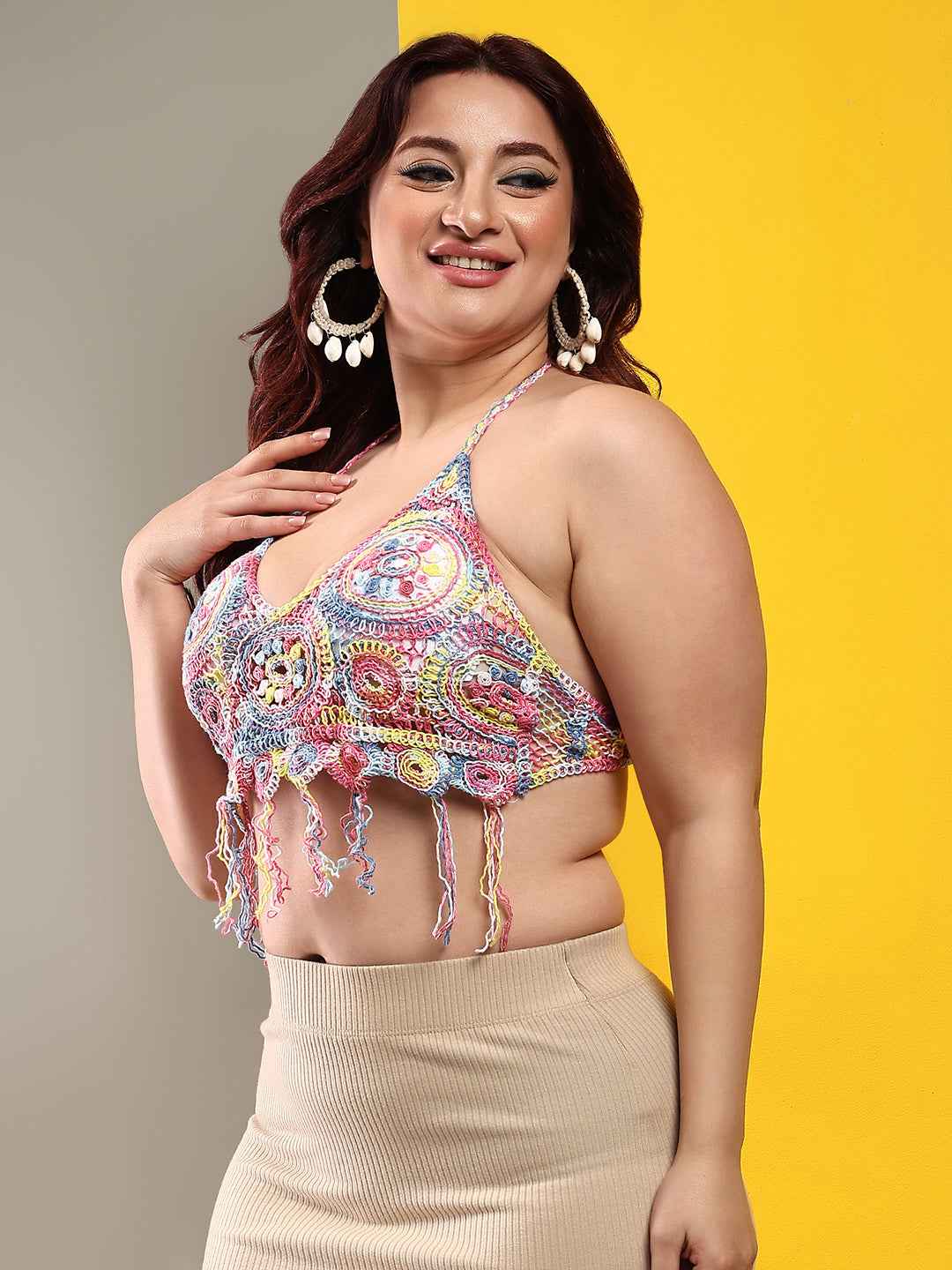 Women's Backless Crochet Floral Multicolour Halter Neck Sleeveless Crochet Crop Top Bra