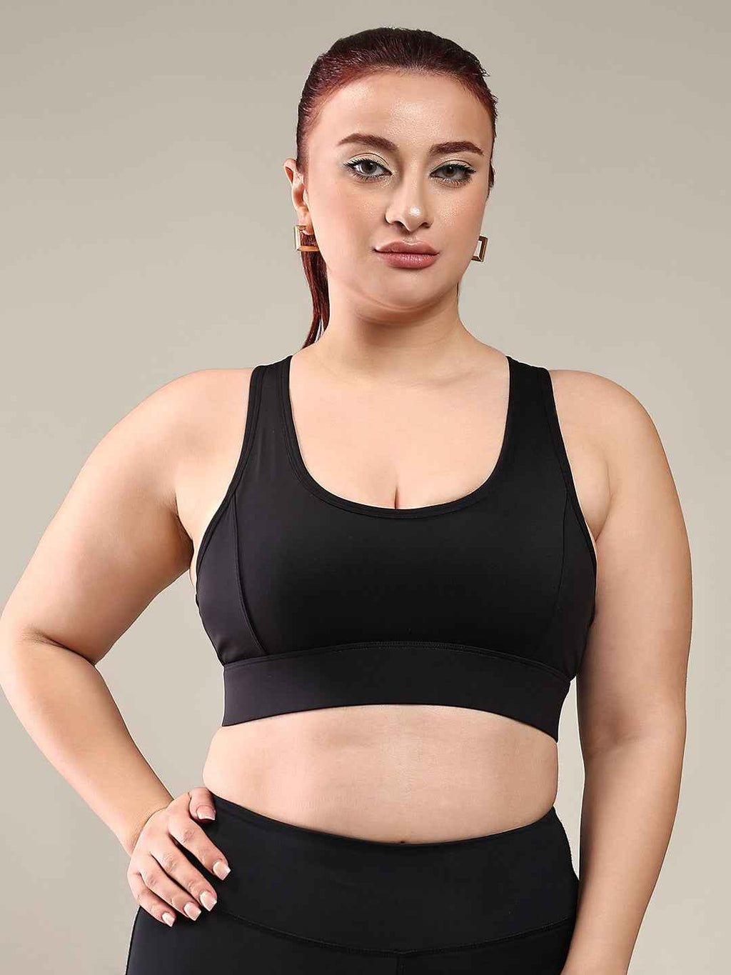 Brachy Black Solid Women Plus Size Full Coverage Padded Rapid-Dry High Impact Racerback Workout Bra.