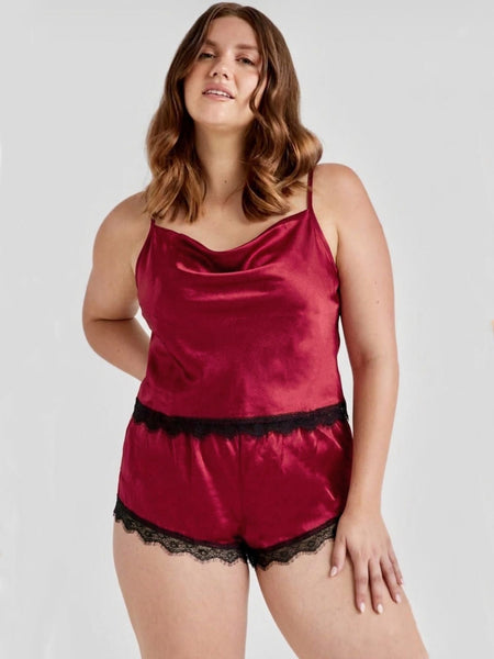 Satin Red Lace Cami And Shorts Nightwear Set
