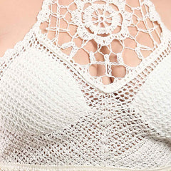 Brachy Women's Self Design Halter Neck Bralette Crochet Crop Top Bra White