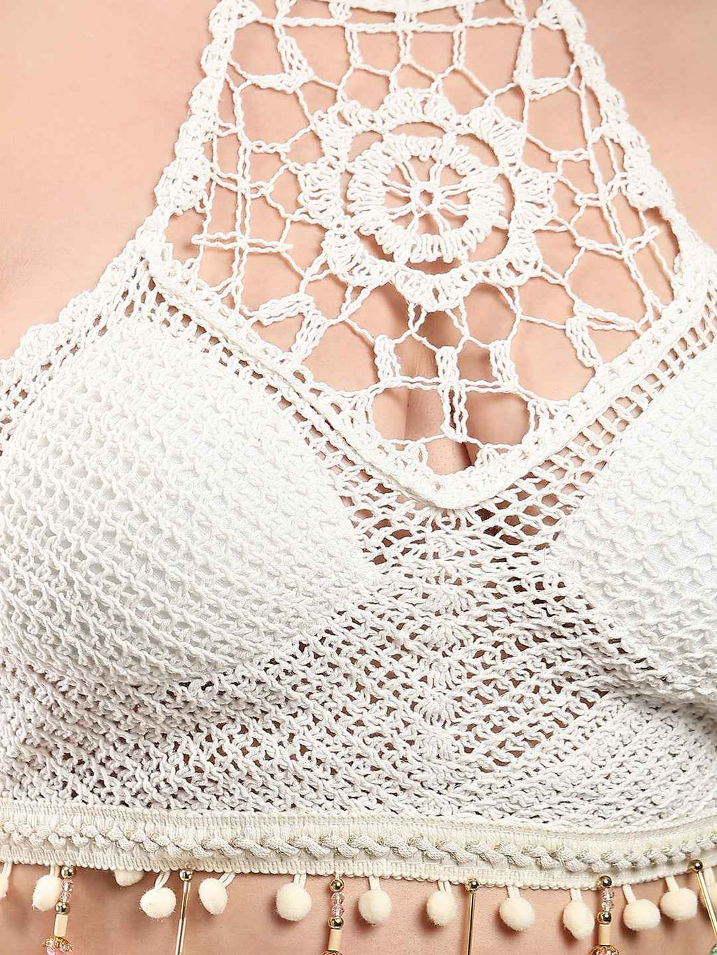 Brachy Women's Self Design Halter Neck Bralette Crochet Crop Top Bra White