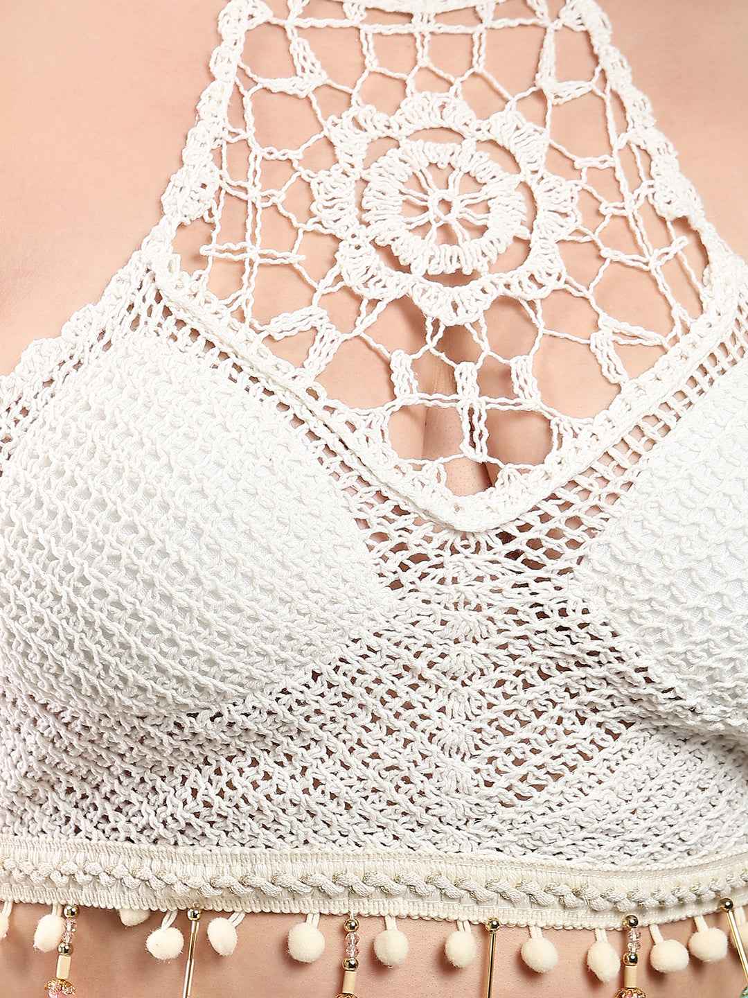 Brachy Women's Self Design Halter Neck Bralette Crochet Crop Top Bra White