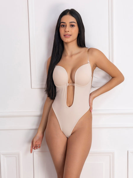 Nude Backless Plunge Thong Bodysuit