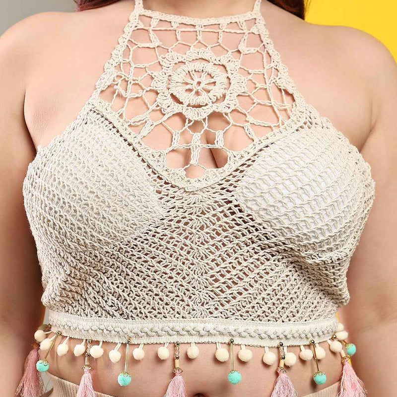 Brachy Women's Self Design Halter Neck Bralette Crochet Crop Top Bra Beige
