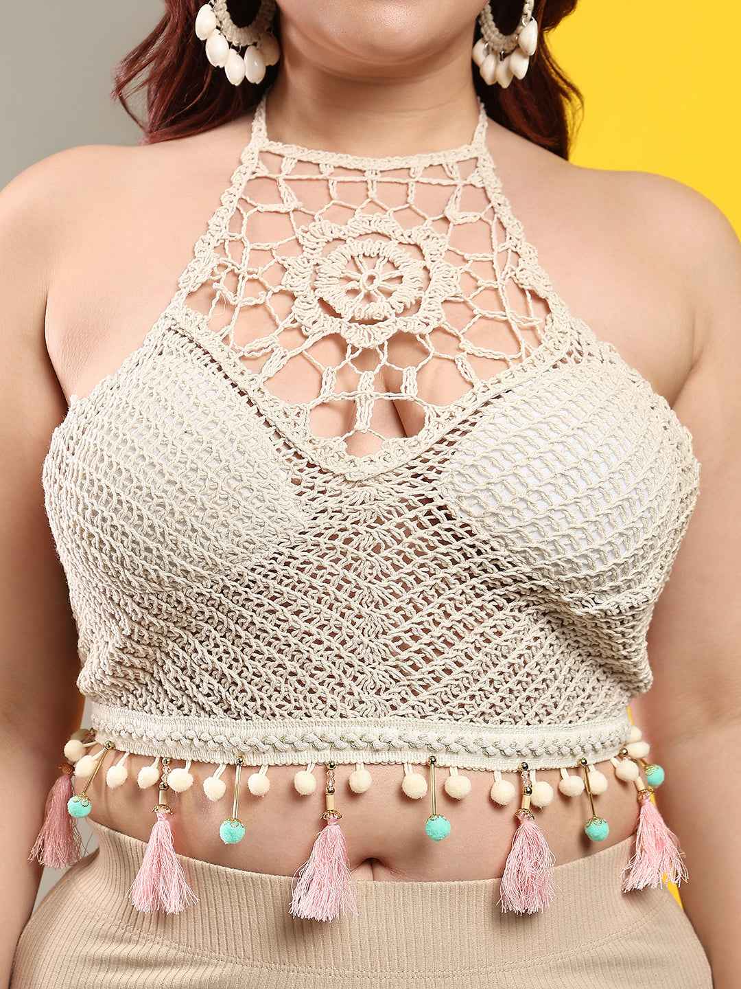 Brachy Women's Self Design Halter Neck Bralette Crochet Crop Top Bra Beige