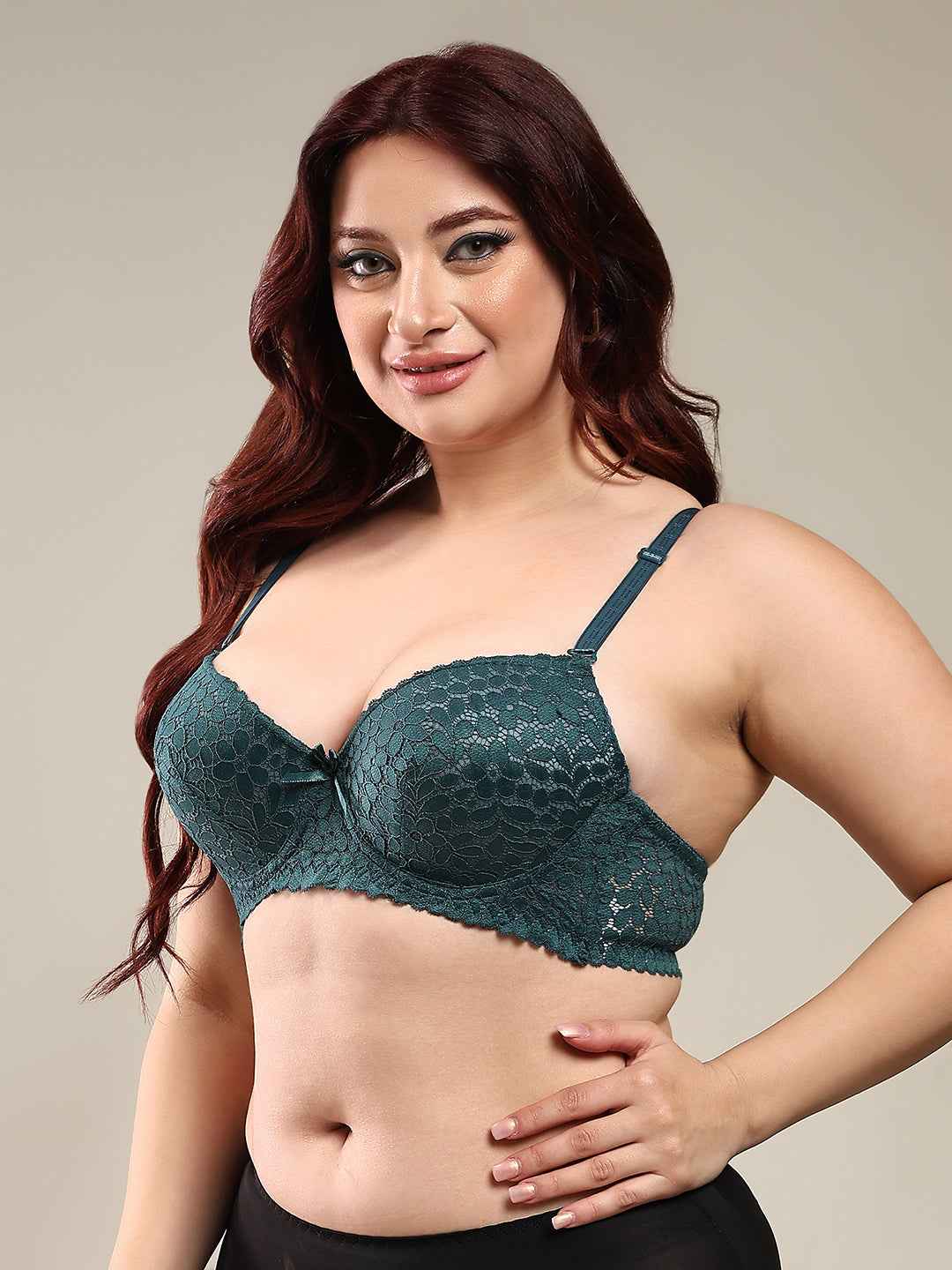 Women Bottal Green Plus Size Floral Lace Padded Push-Up Bra With All Day Comfort