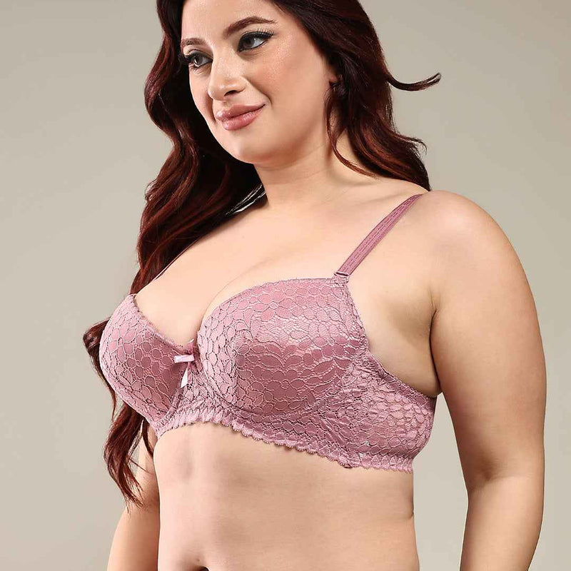 Women Purple Plus Size Floral Lace Padded Push-Up Bra With All Day Comfort