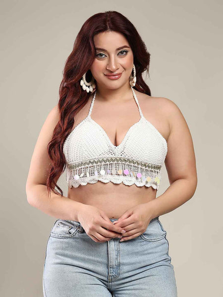 Women's Summer Beach Backless Crochet Halter Bikini Crop Top Crochet V Neck Tassle Embroidery Knit Boho Beachwear