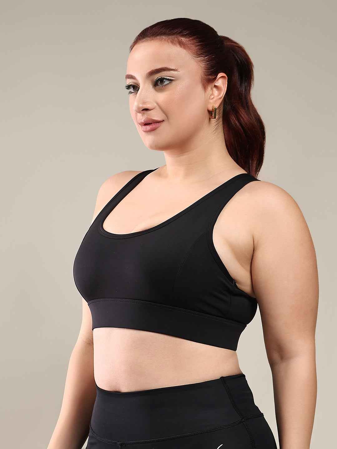 Brachy Black Solid Women Plus Size Full Coverage Padded Rapid-Dry High Impact Racerback Workout Bra.