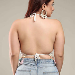 Brachy Women's Self Design Halter Neck Bralette Crochet Crop Top Bra White
