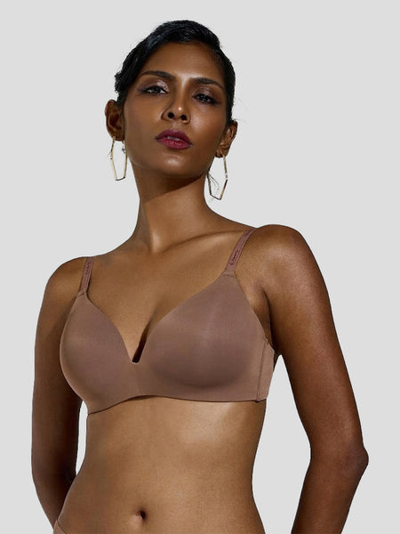 Maroon Velour Lift Seamless Padded Plunge Bra in Chocolate brown – Deep skin tone T-shirt bra for deeper cleavage.
