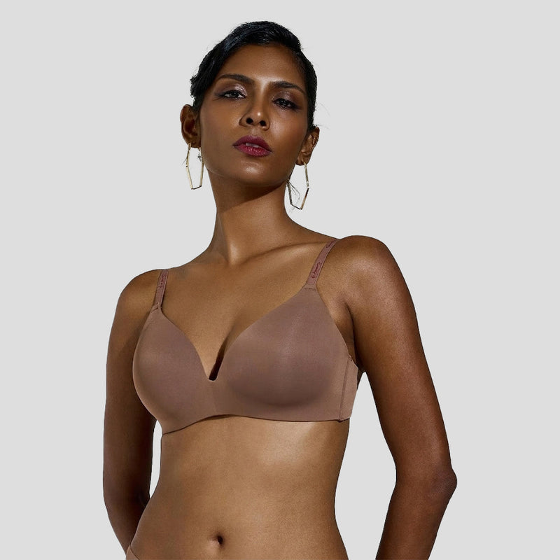 Maroon Velour Lift Seamless Padded Plunge Bra in Chocolate brown – Deep skin tone T-shirt bra for deeper cleavage.