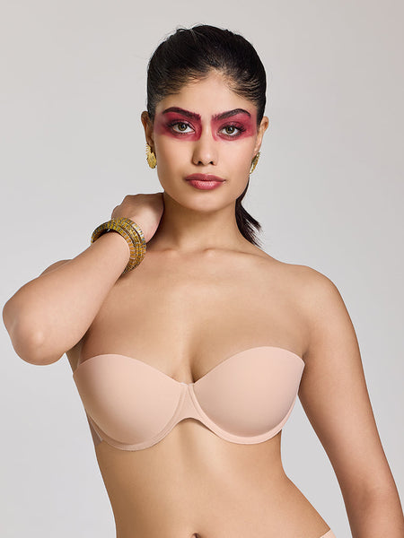 MAROON Free Transparent Belt Strapless Seamless Silicone Invisible Bra Breast Lifting Dress Half Coverage Nylon Lightly Padded Transparent Back Underwire Stick-on Bra. Nude