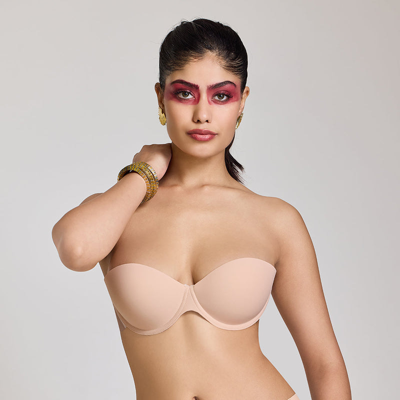 MAROON Free Transparent Belt Strapless Seamless Silicone Invisible Bra Breast Lifting Dress Half Coverage Nylon Lightly Padded Transparent Back Underwire Stick-on Bra. Nude
