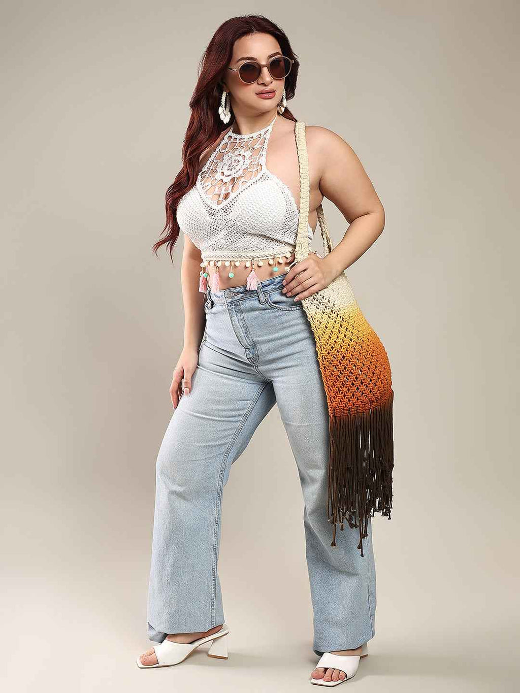 Brachy Women's Self Design Halter Neck Bralette Crochet Crop Top Bra White