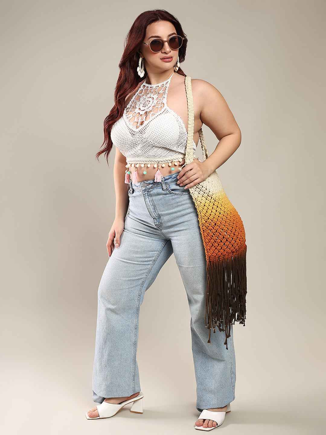 Brachy Women's Self Design Halter Neck Bralette Crochet Crop Top Bra White