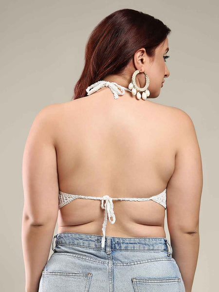 Women's Summer Beach Backless Crochet Halter Bikini Crop Top Crochet V Neck Tassle Embroidery Knit Boho Beachwear